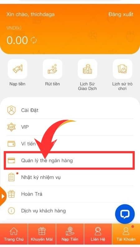 Chọn Quản lý thẻ ngân hàng